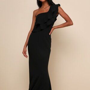 Lulus Grand Beauty Black Ruffled One-shoulder Mermaid Maxi Dress - Size S